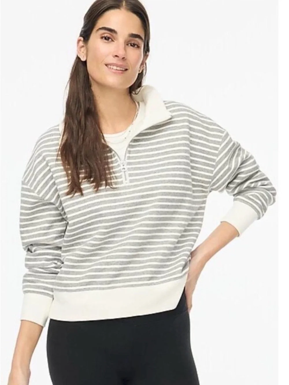 J Crew Striped Half Zip Sweatshirt Grey and White Stand Collar Nautical Womens L